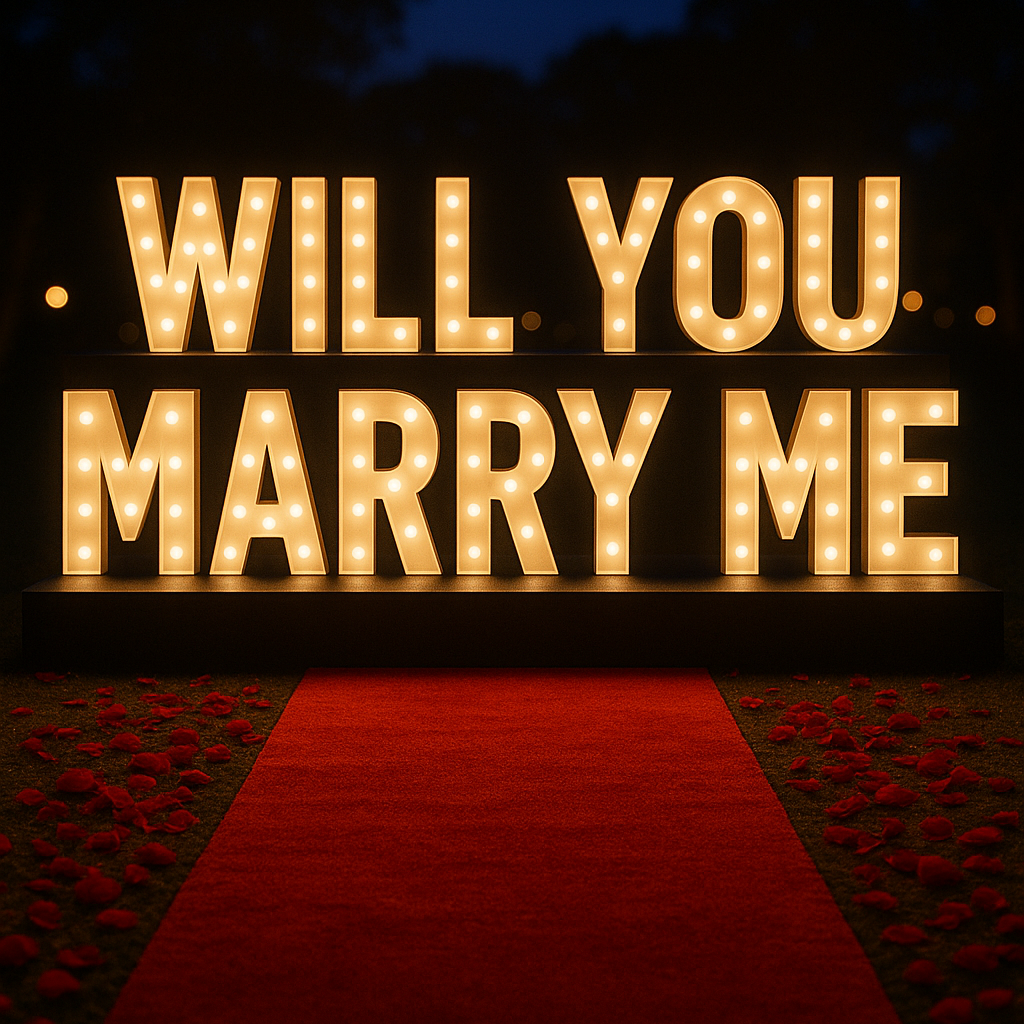 Proposal Package – WILL YOU MARRY ME Light Up Letters Hire Melbourne