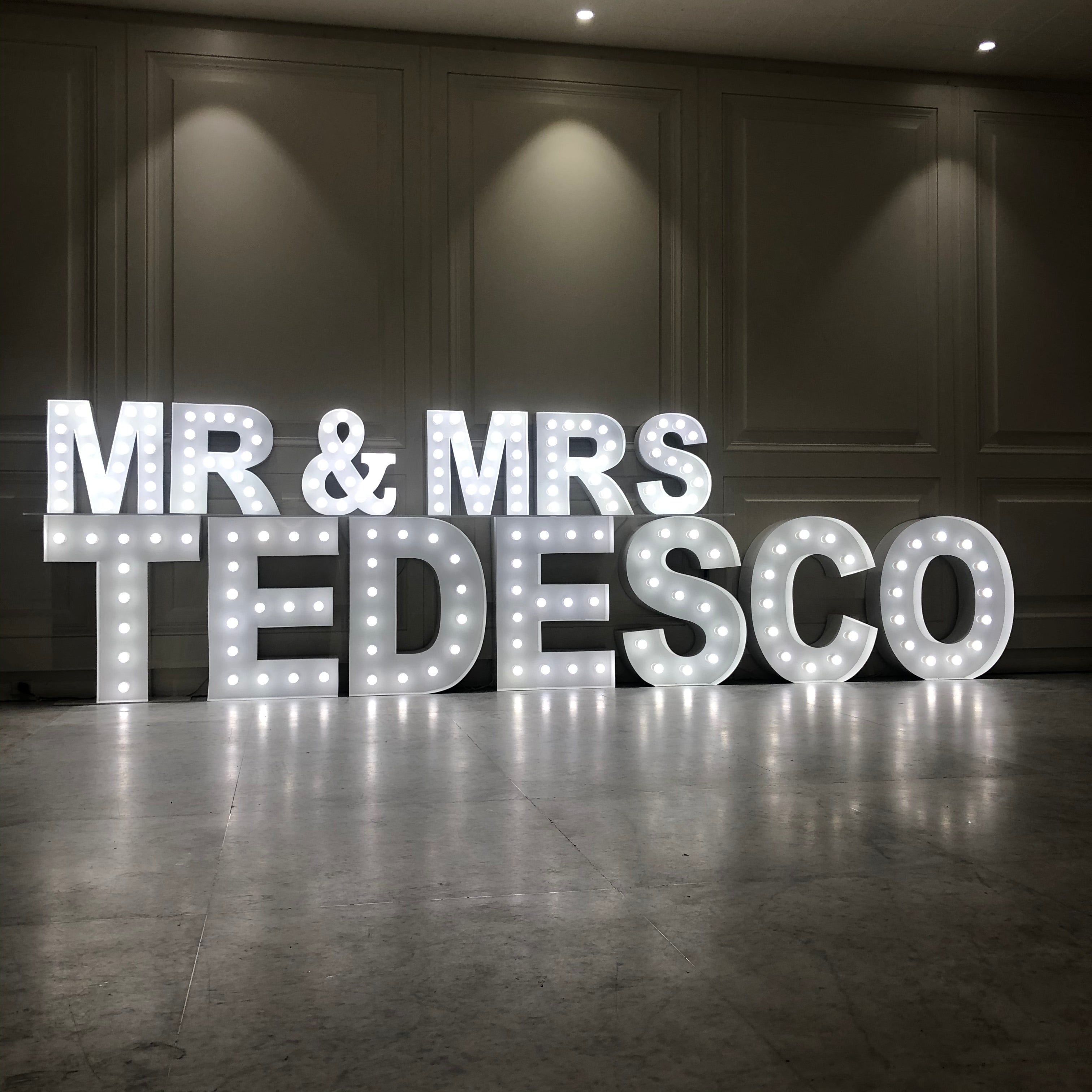 Stacked MR & MRS Light Up Letters with Surname - 60cm & 1m Hire Melbourne
