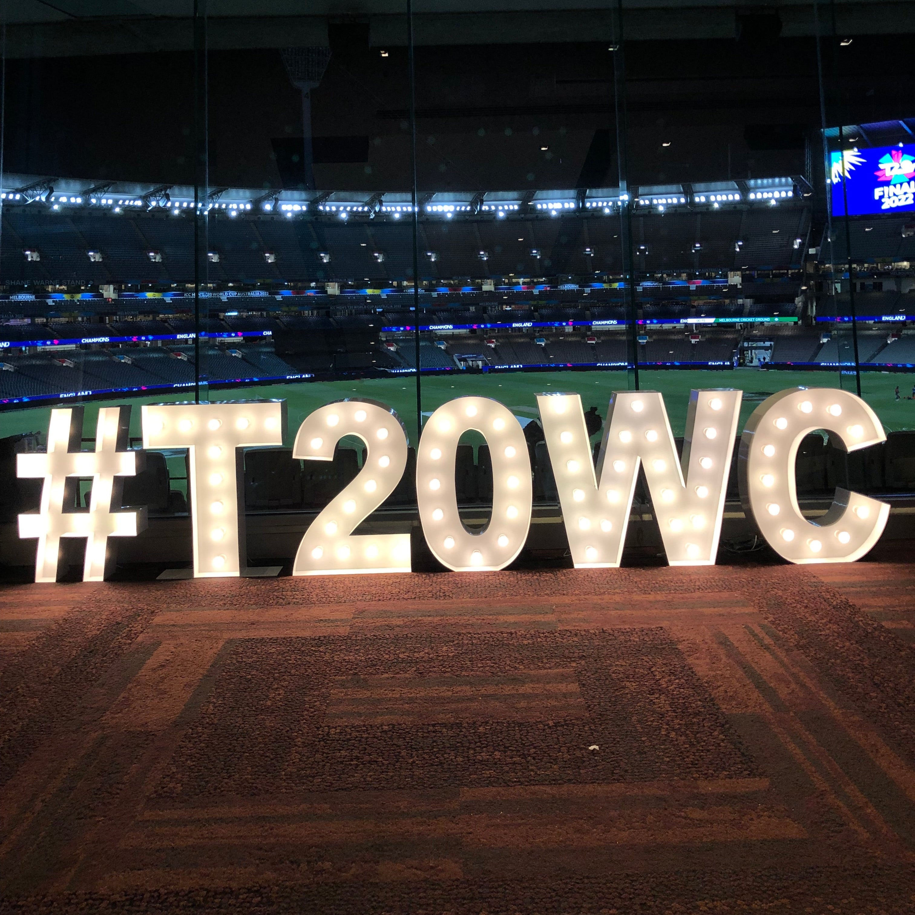 Large illuminated 1m letters spelling '#T20WC' in front of Marvel Stadium
