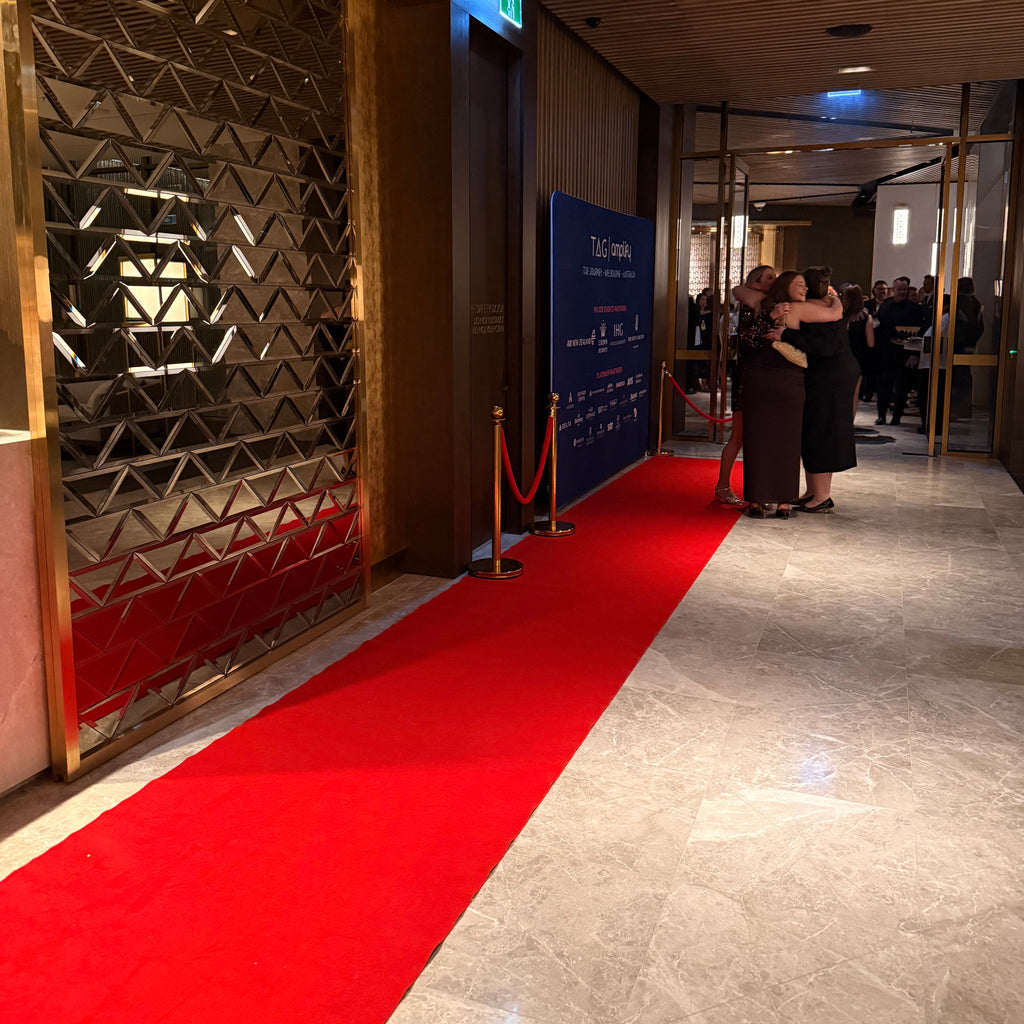 10m red carpet running leading to a media wall. Media Wall Hire Red Carpet Hire Melbourne