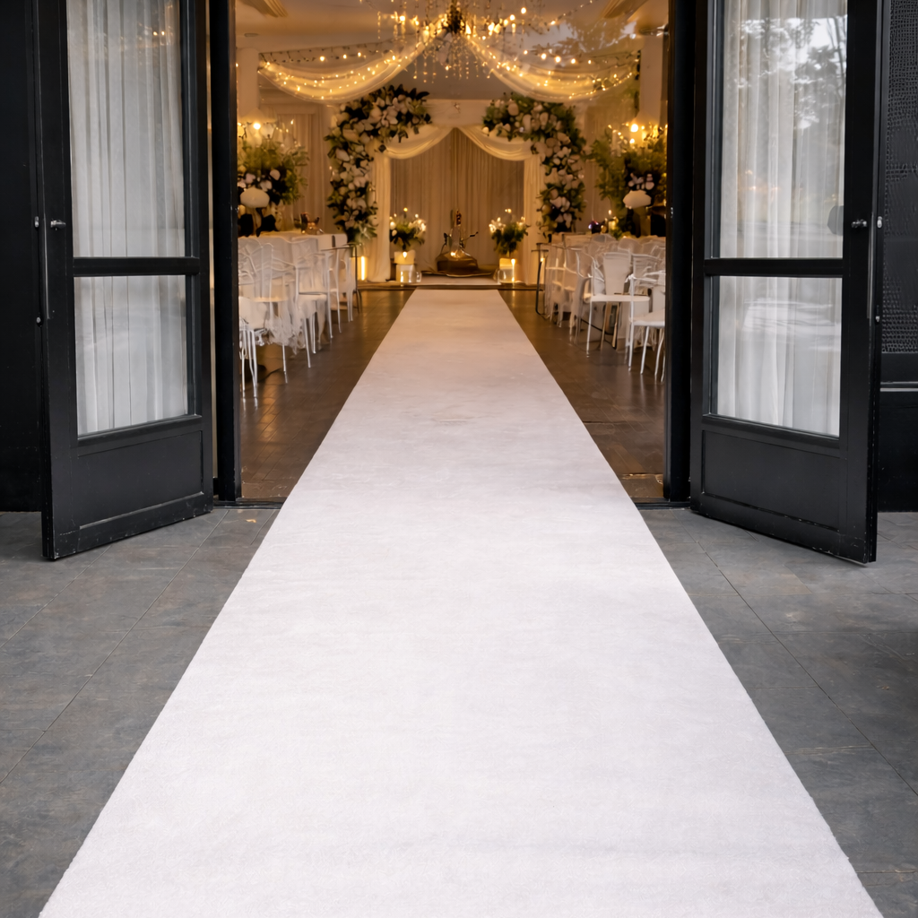 White carpet aisle runner leading to a decorated indoor event space with open doors.