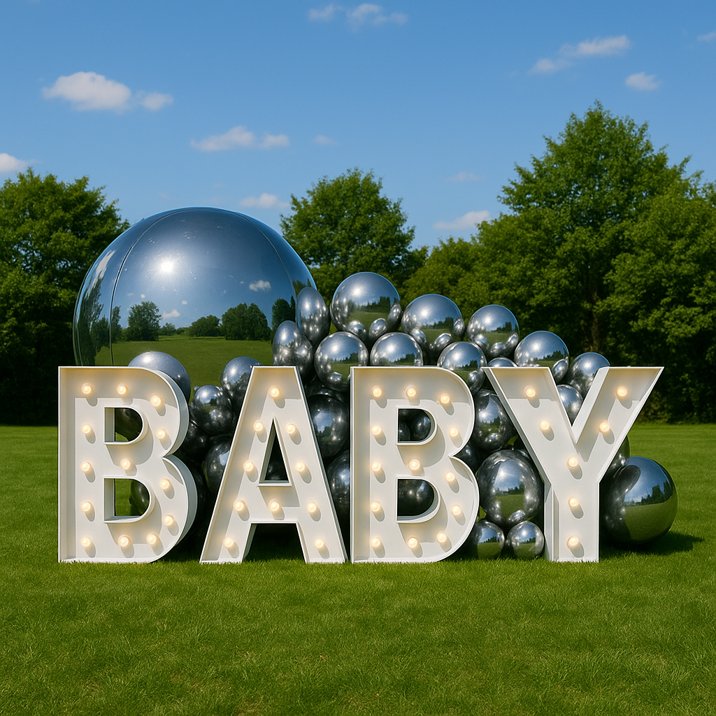 Gender Reveal Packages Melbourne. Giant Light Up Letters 'BABY' with Silver Balloons. 