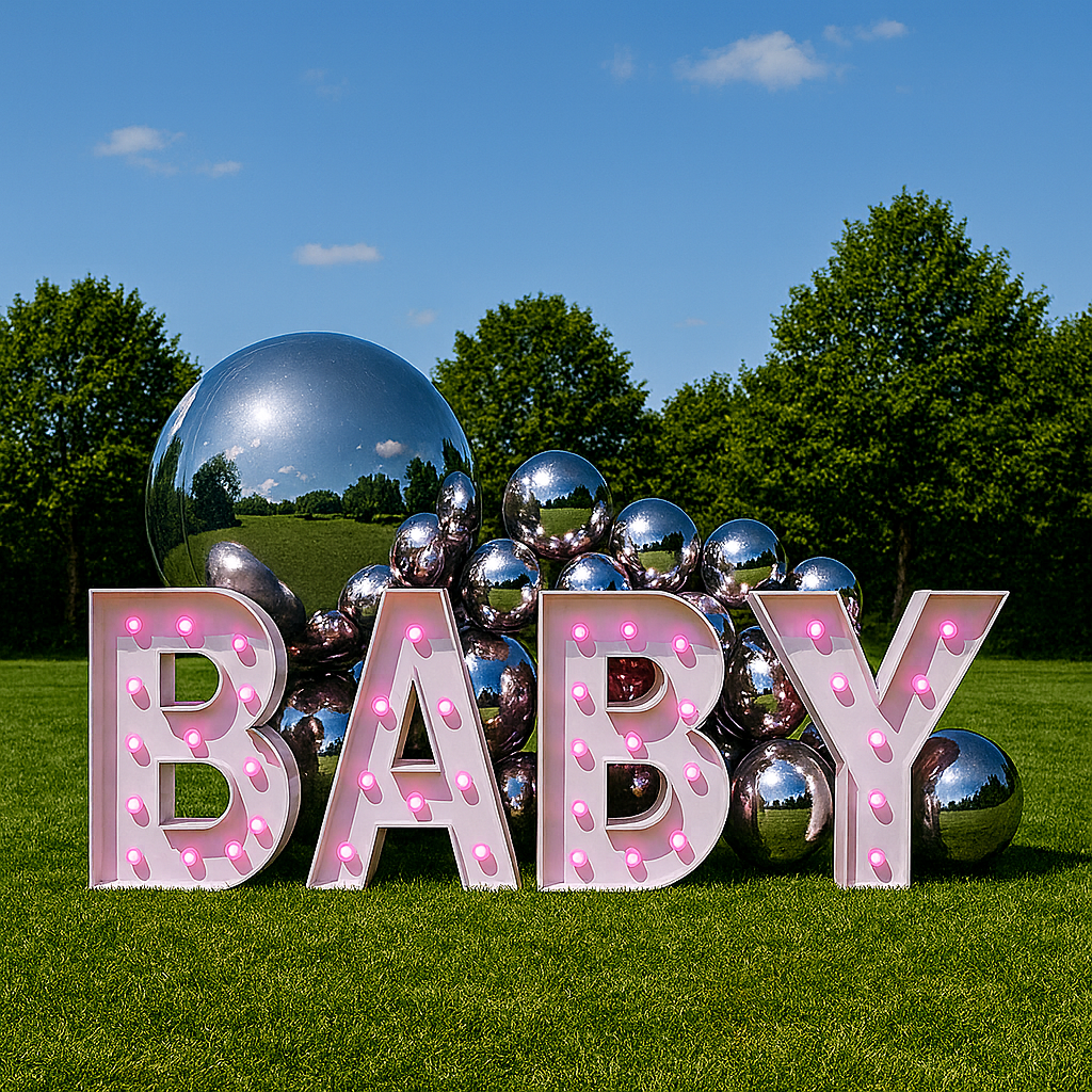 Gender Reveal Packages Melbourne. Giant Light Up Letters 'BABY' with pink globes and silver Balloons. 