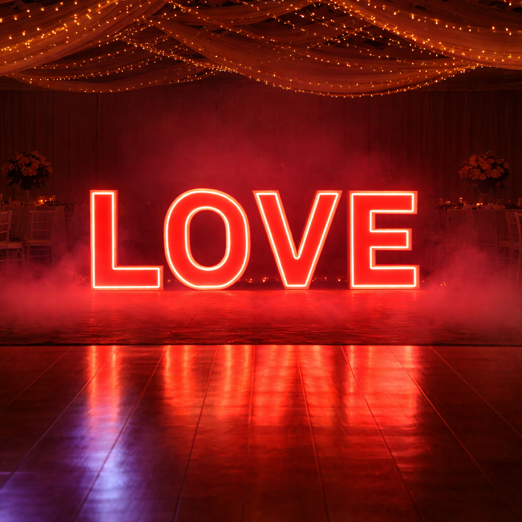 Neon 'LOVE' sign in a dimly lit room with fairy lights and haze.