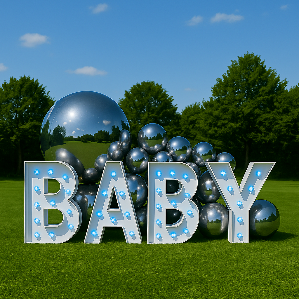 Gender Reveal Packages Melbourne. Giant Light Up Letters 'BABY' with Silver Balloons. 