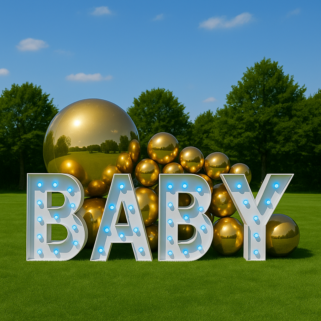 Gender Reveal Packages Melbourne. Giant Light Up Letters 'BABY' with blue globes and Gold Balloons. 