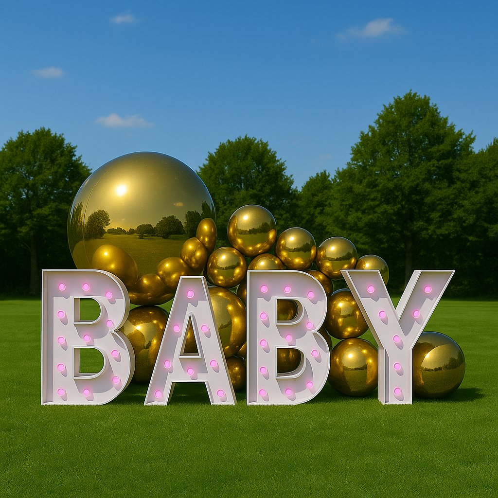 Gender Reveal Packages Melbourne. Giant Light Up Letters with pink globes 'BABY' with Gold Balloons. 