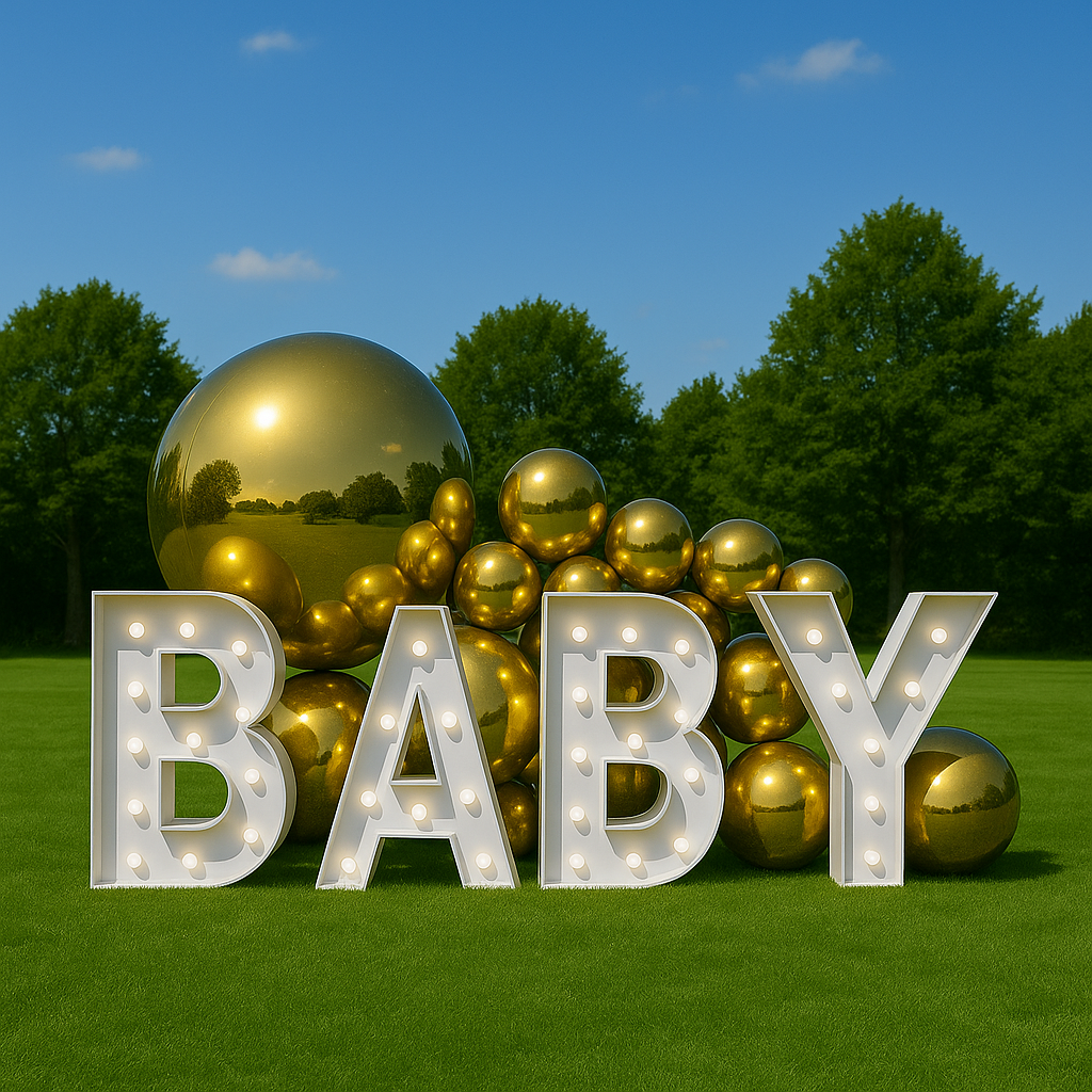 Gender Reveal Packages Melbourne. Giant Light Up Letters 'BABY' with Gold Balloons. 