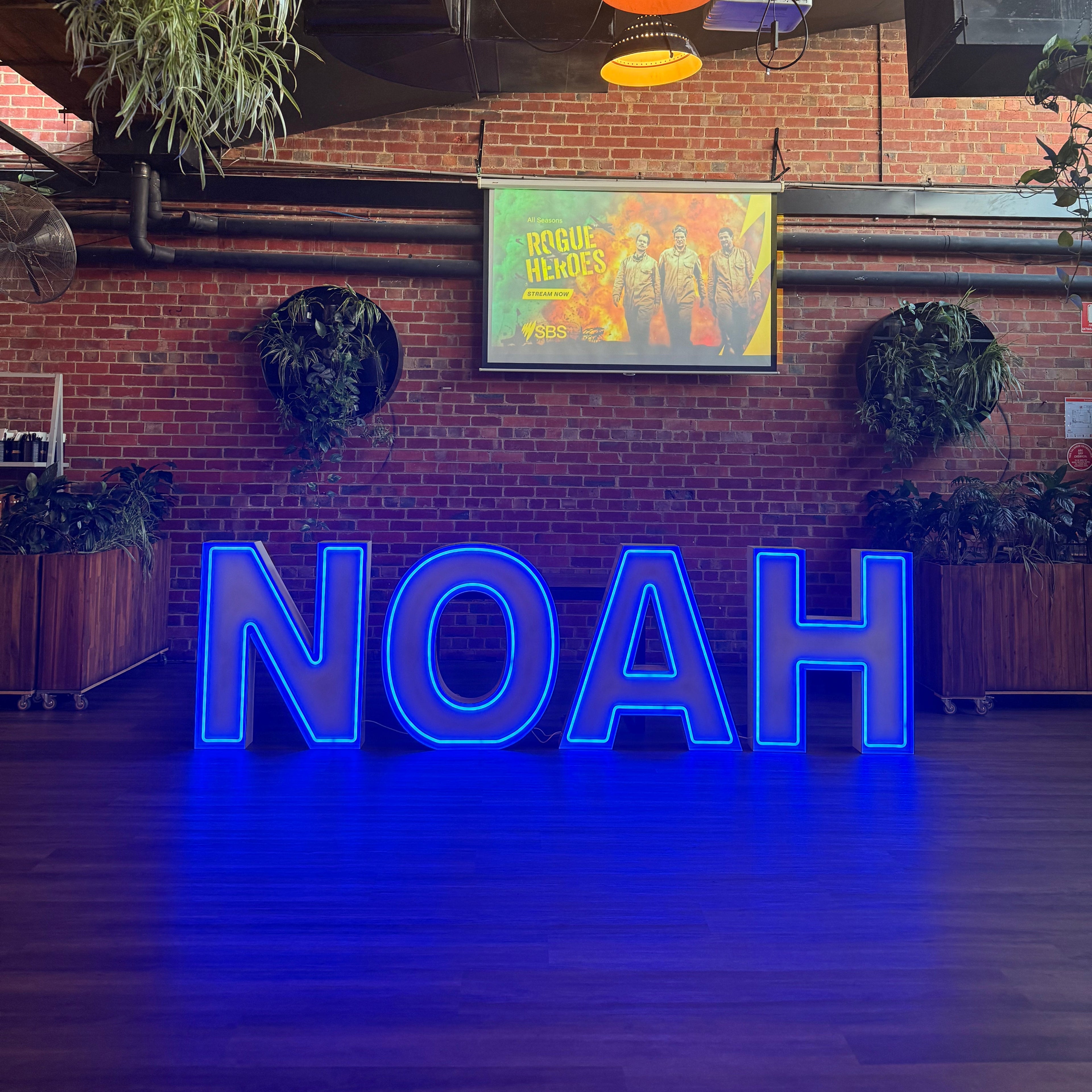 Custom Giant Neon Letters for a Barmitzvah in Melbourne. Neon Light Up Letter Hire. 