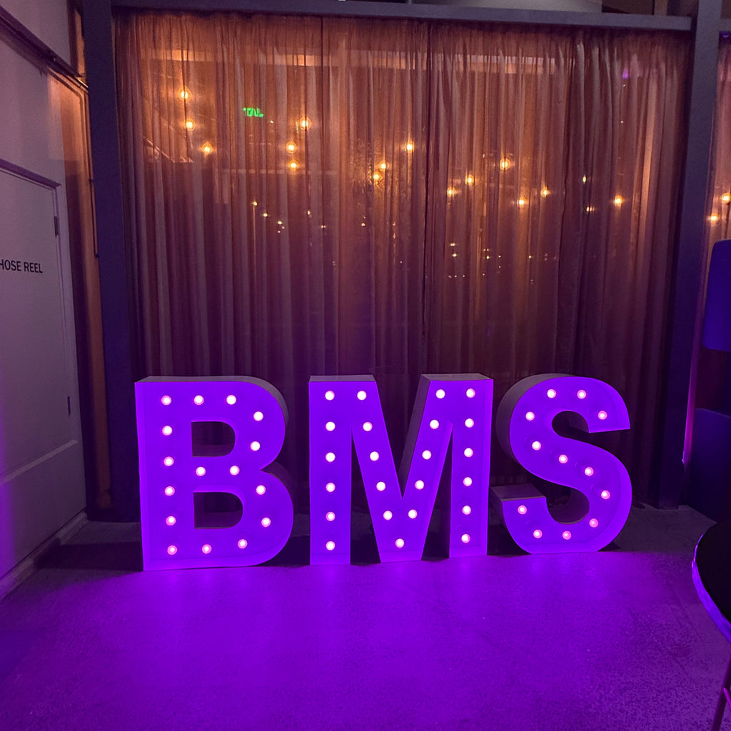 Purple LED globes light up letters spelling BMS on a rooftop corporate event. 