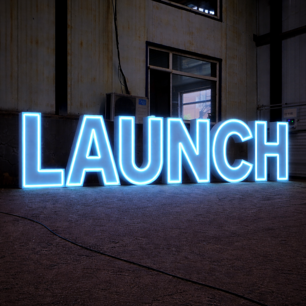Giant Neon Corporate Letters spelling LAUNCH in a dimly lit indoor space.