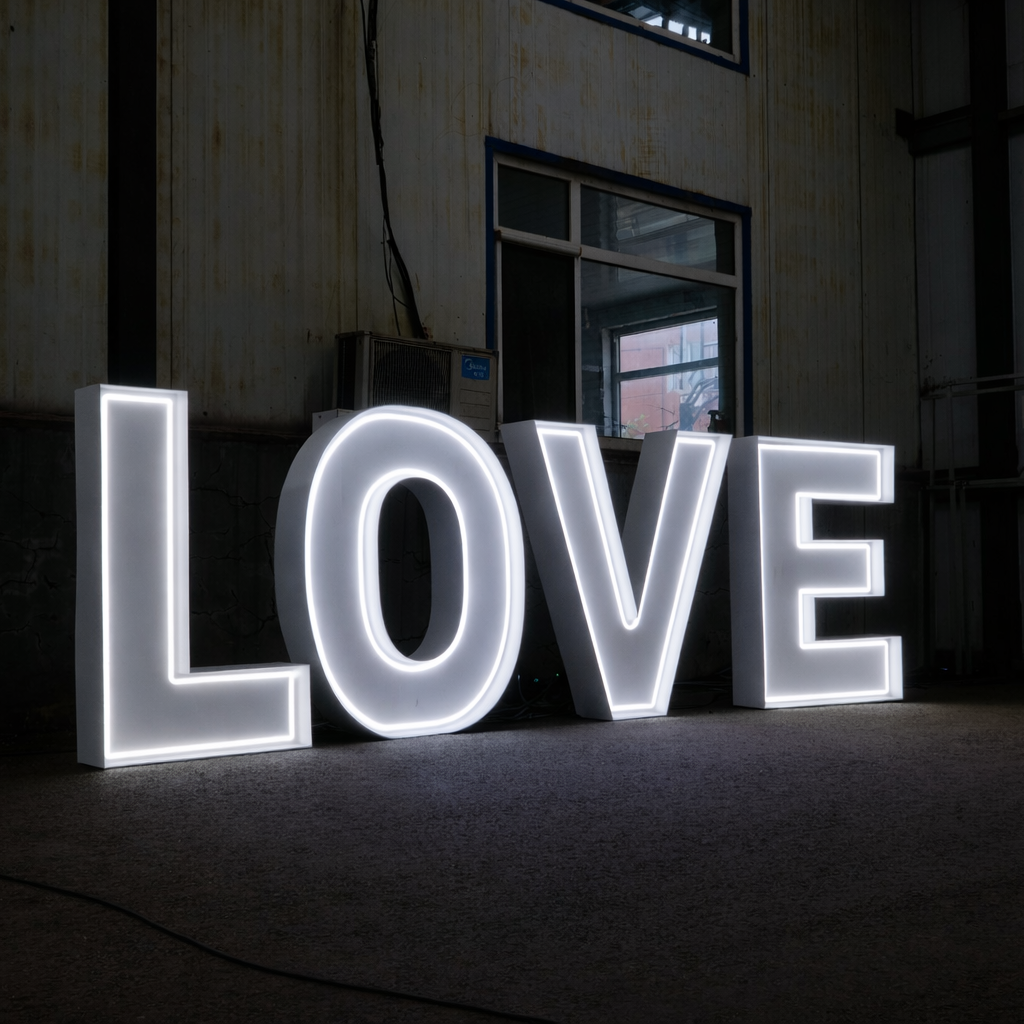 Giant Neon Letters spelling 'LOVE' in a dark indoor setting
