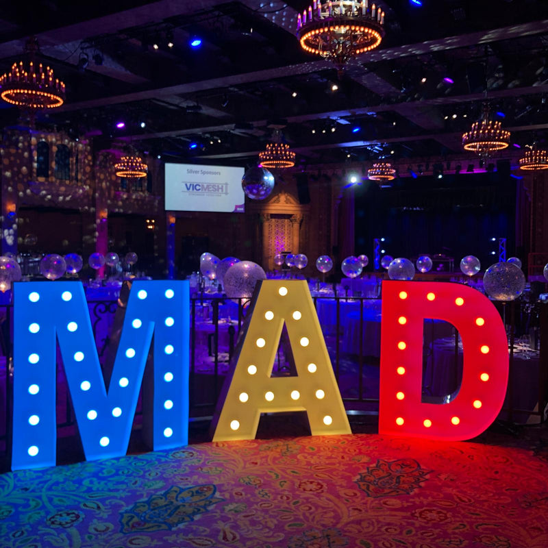 Giant Light Up Letters Melbourne. Big Letters with coloured globes at a Melbourne Venue setting.