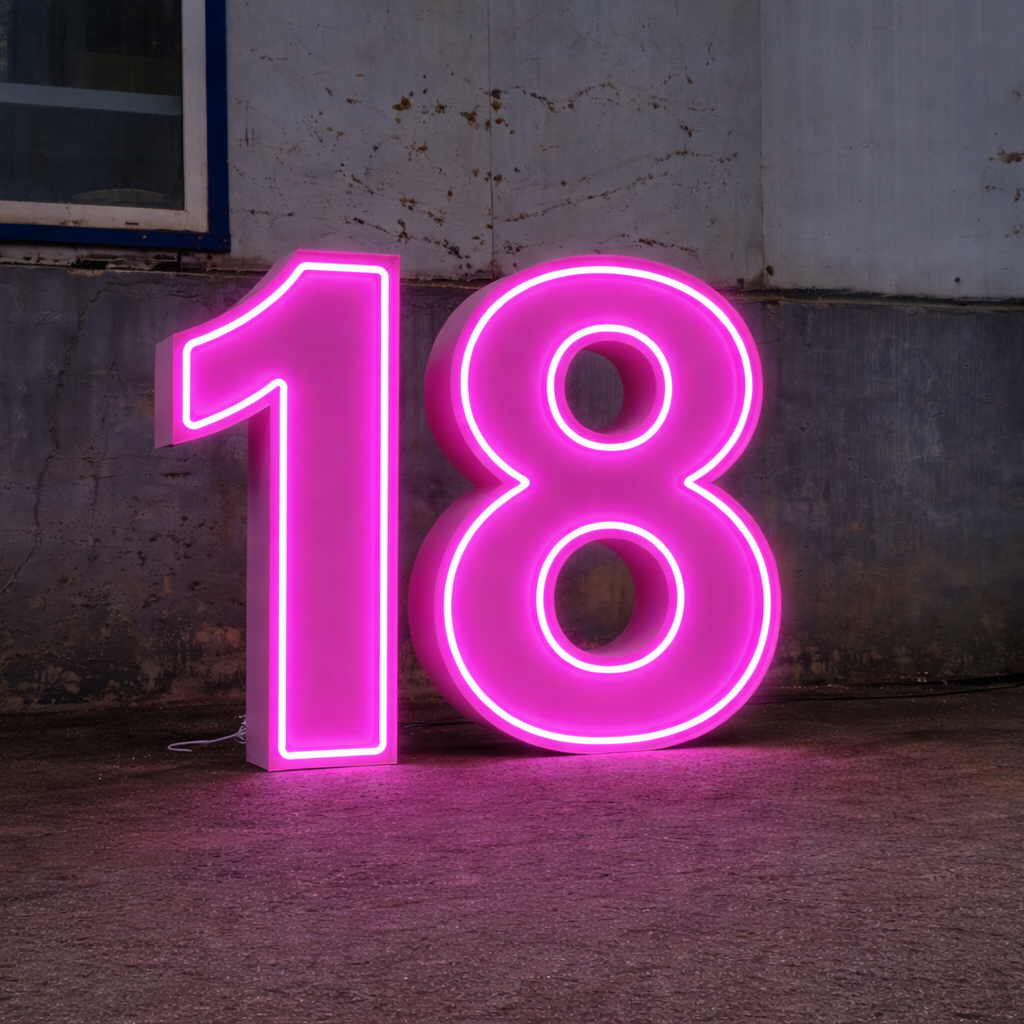 Giant NEON Light up numbers '18' in hot pink Neon colour. 
