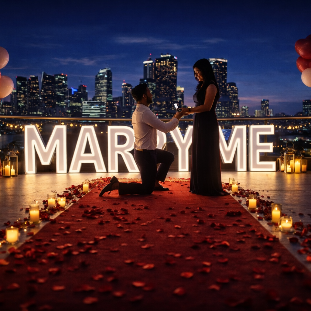 neon proposal letters hire melbourne. red carpet, petals, candles giant light up neon letters