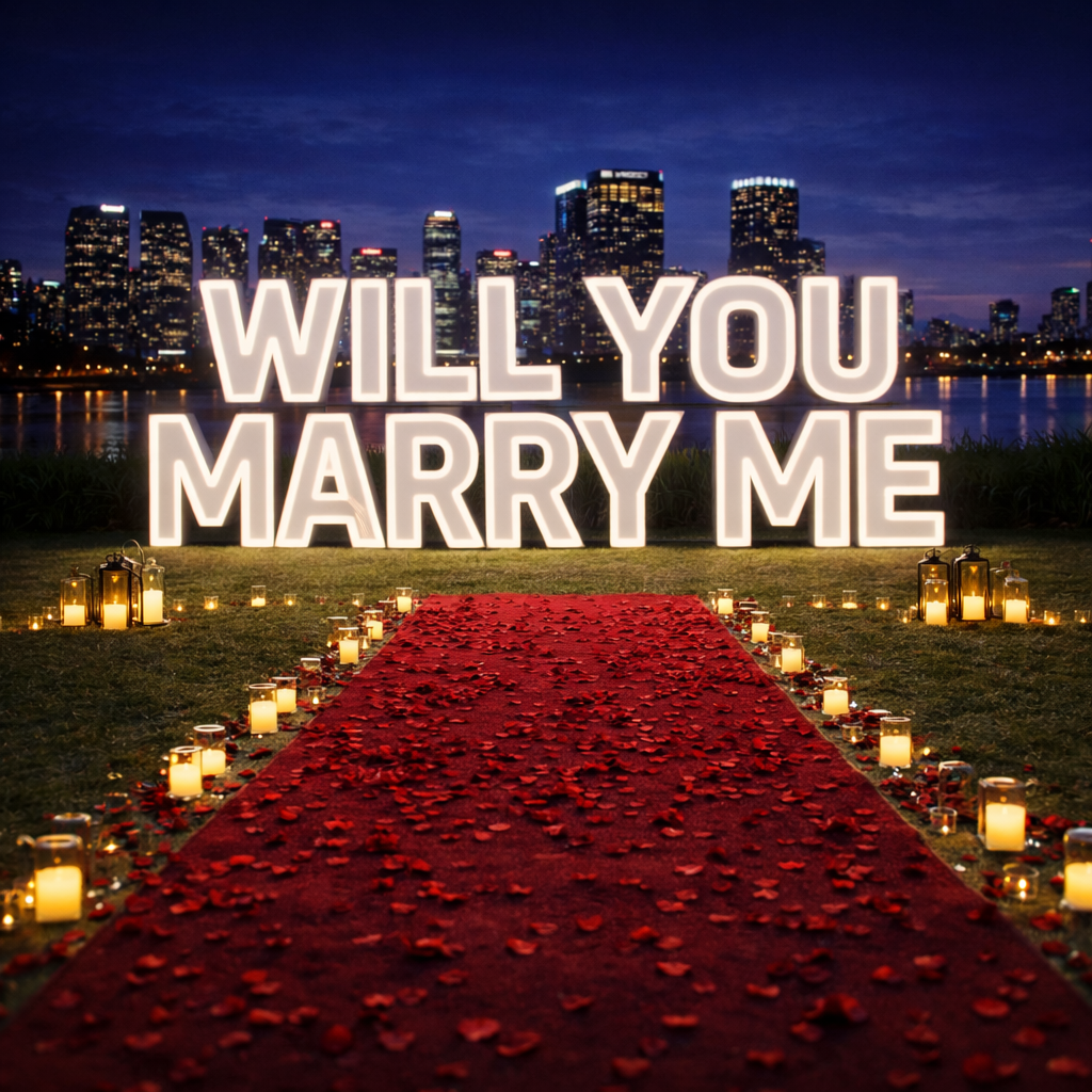 Proposal Package – WILL YOU MARRY ME Light Up Letters Hire Melbourne