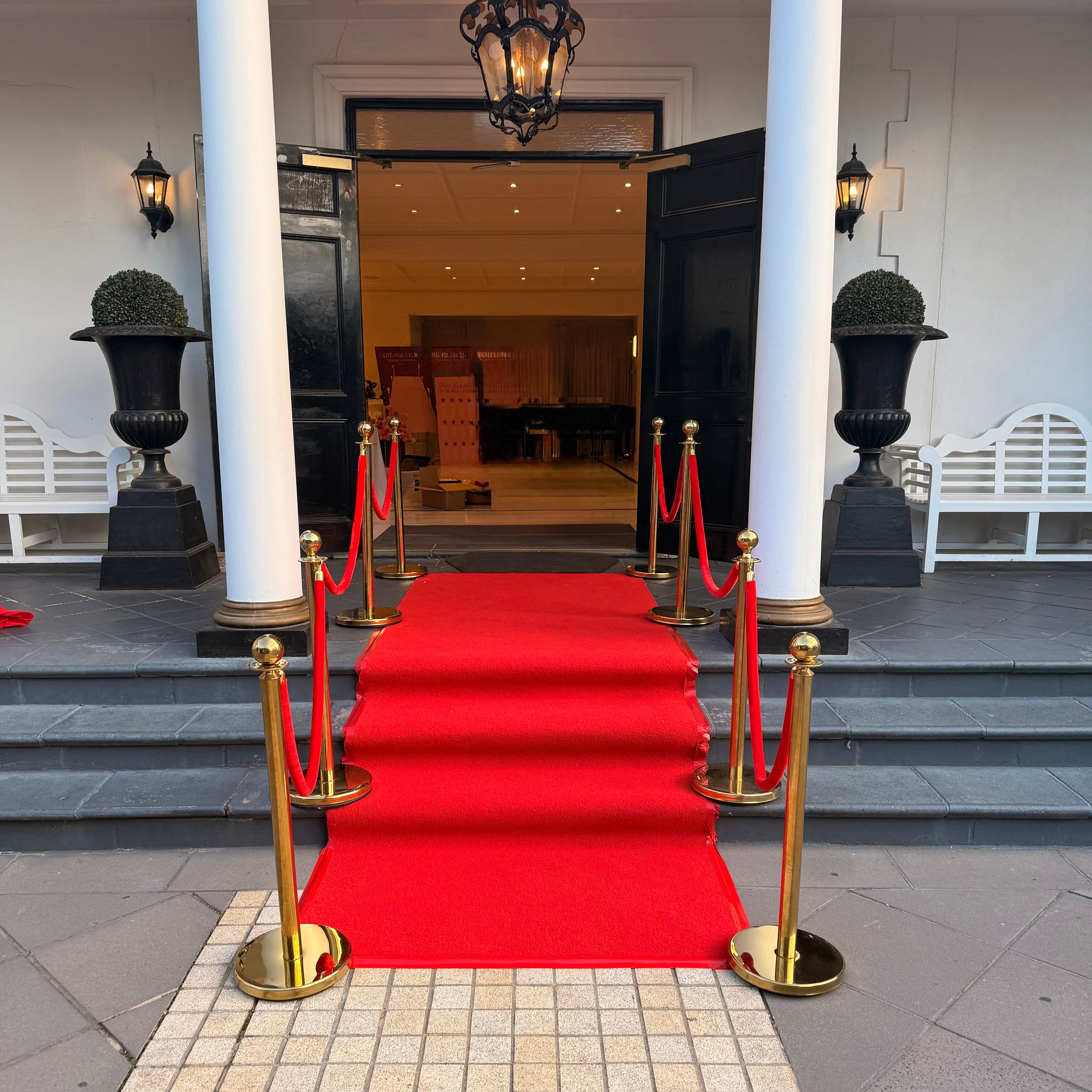 deluxe red carpet stairs runner with bollards and velvet ropes hire Melbourne