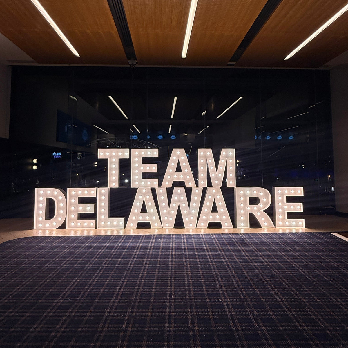 stacked light up letters for hire at the MCG spelling Team Delaware. 