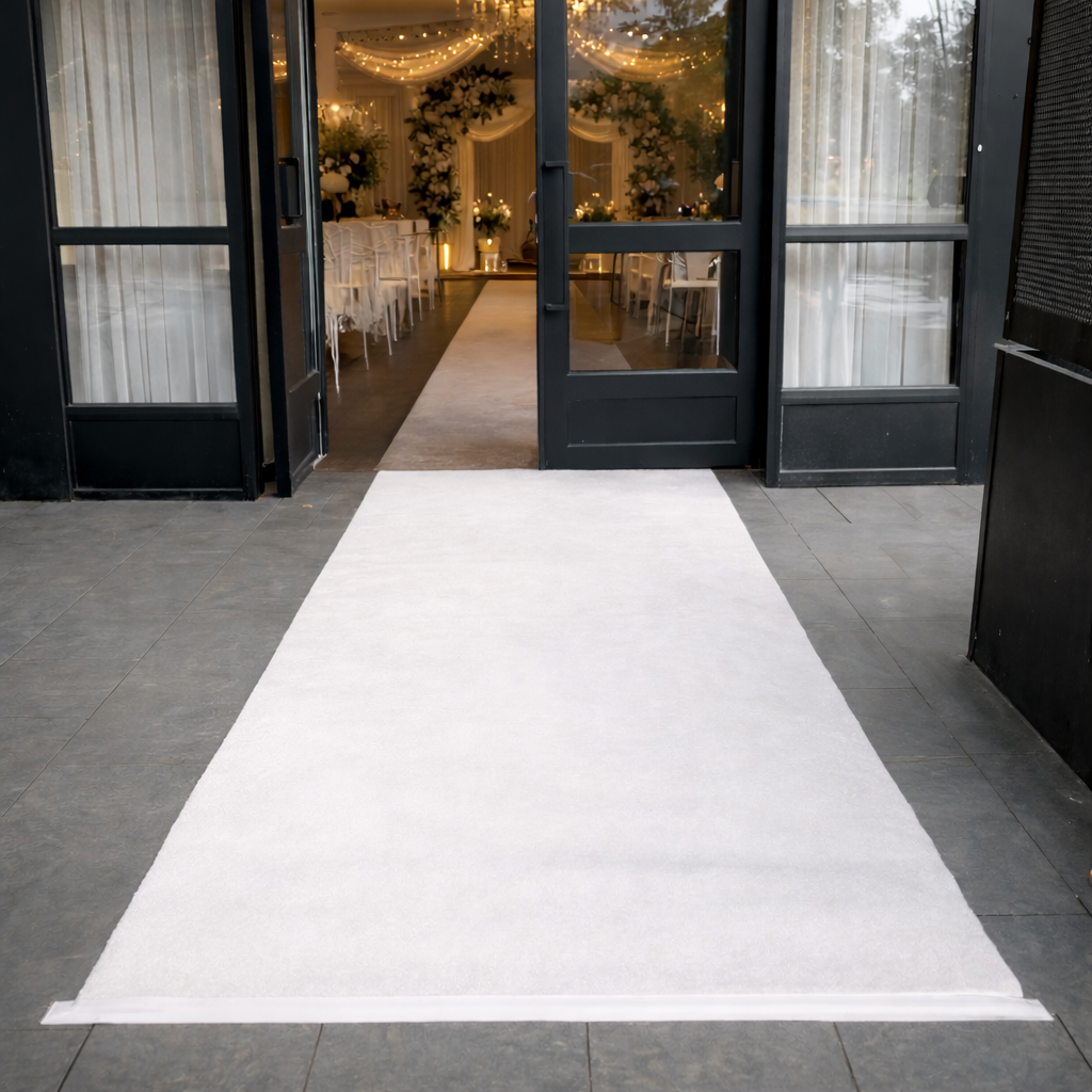 White entrance carpet leading to a decorated indoor event space with glass doors.