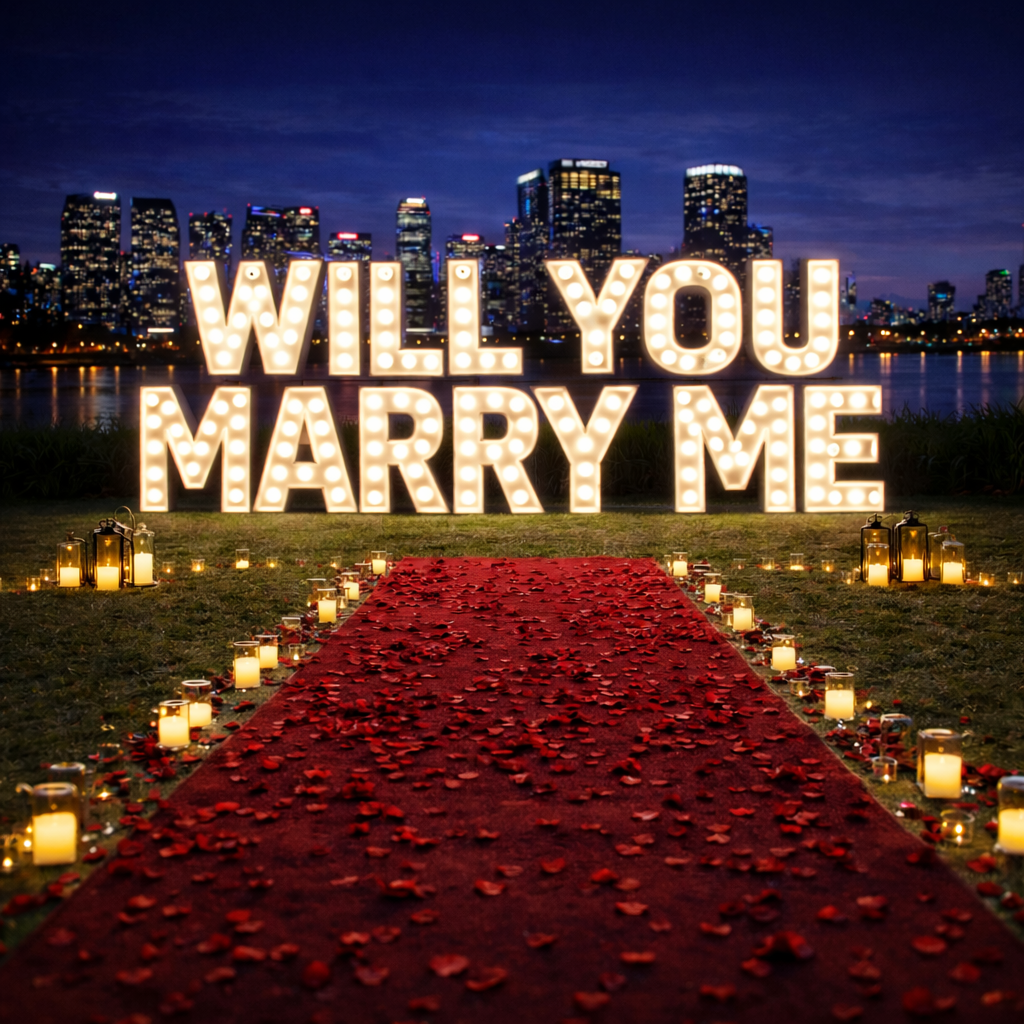 Proposal Package – WILL YOU MARRY ME Light Up Letters Hire Melbourne